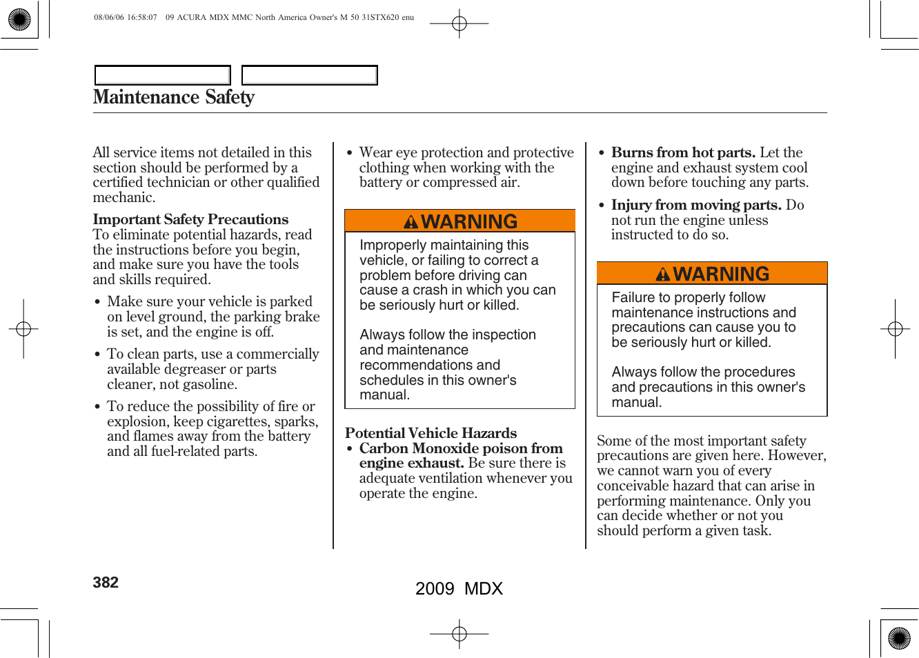 Maintenance safety, 2009 mdx | Acura 2009 MDX User Manual | Page 386 / 489