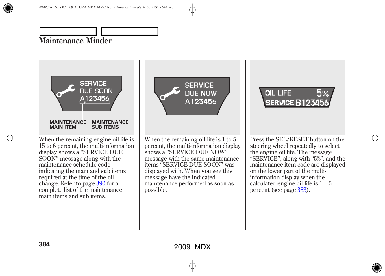 Maintenance minder, 2009 mdx | Acura 2009 MDX User Manual | Page 388 / 489