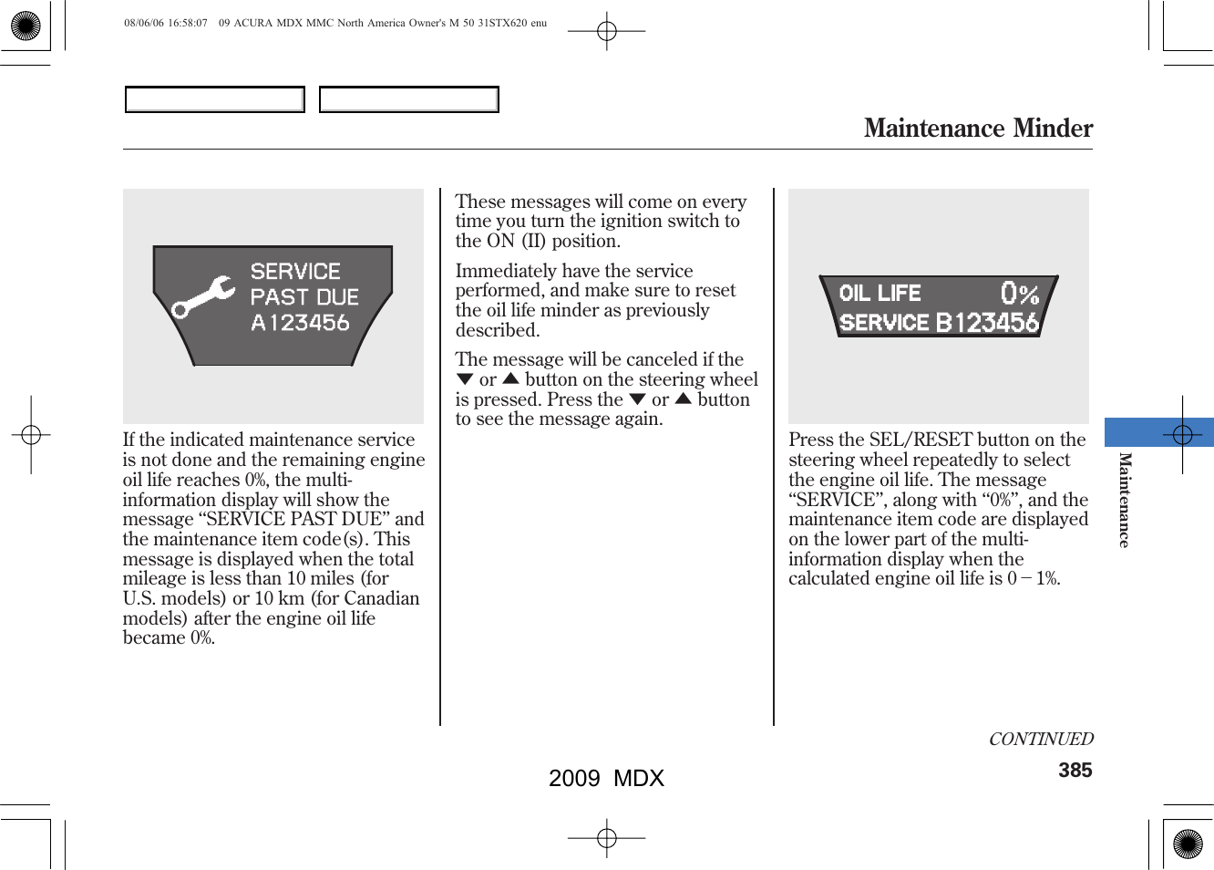 Maintenance minder, 2009 mdx | Acura 2009 MDX User Manual | Page 389 / 489