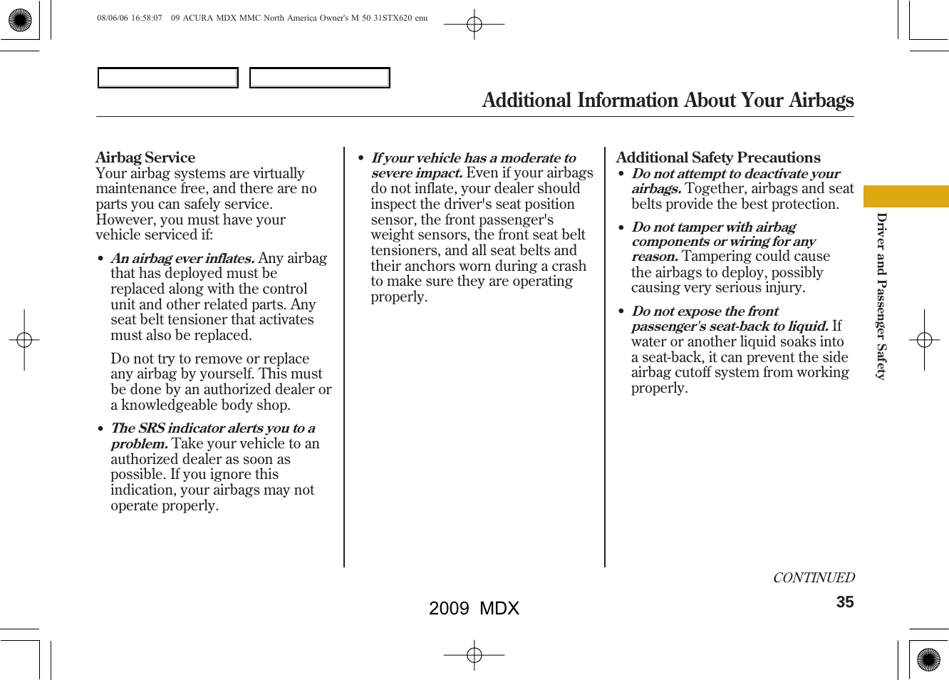 Additional information about your airbags, 2009 mdx | Acura 2009 MDX User Manual | Page 39 / 489