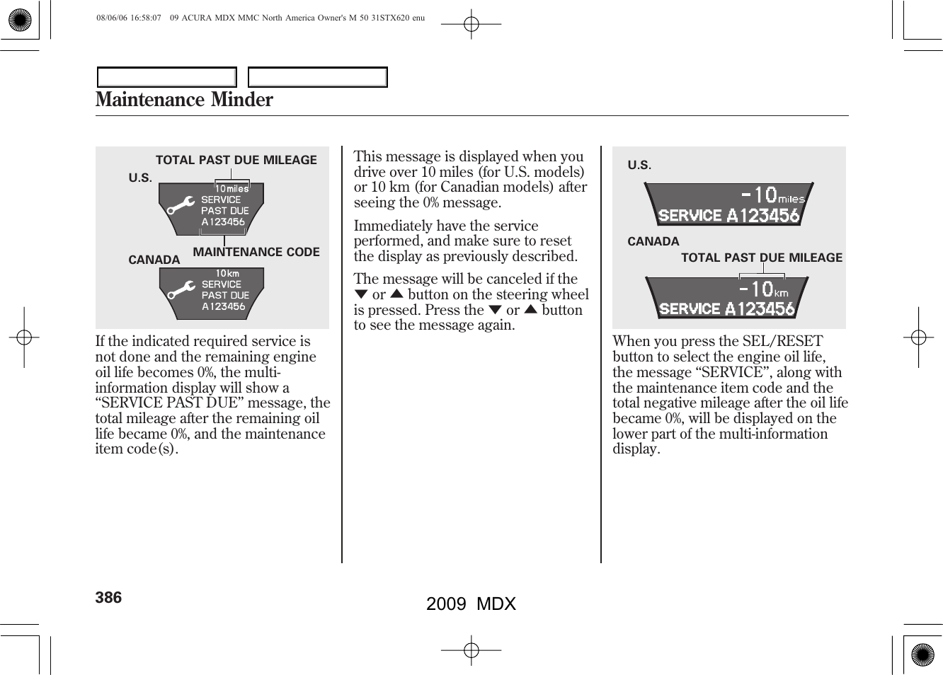 Maintenance minder, 2009 mdx | Acura 2009 MDX User Manual | Page 390 / 489