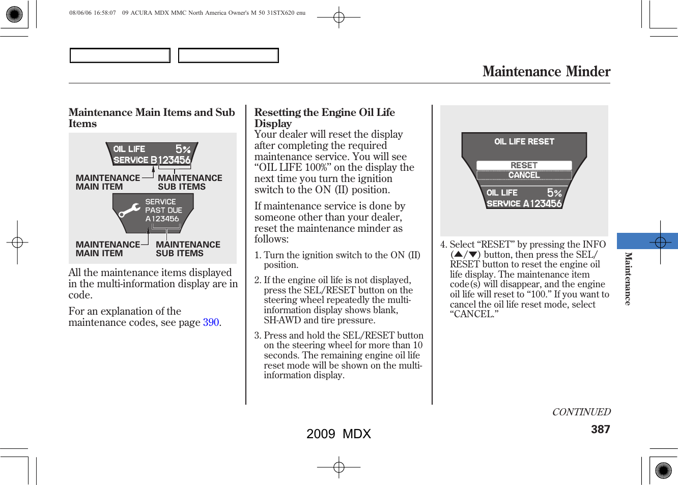 Maintenance minder, 2009 mdx | Acura 2009 MDX User Manual | Page 391 / 489