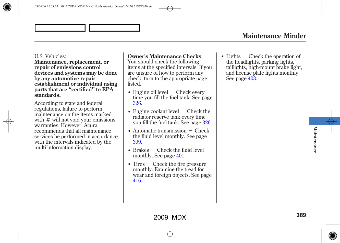 Maintenance minder, 2009 mdx | Acura 2009 MDX User Manual | Page 393 / 489