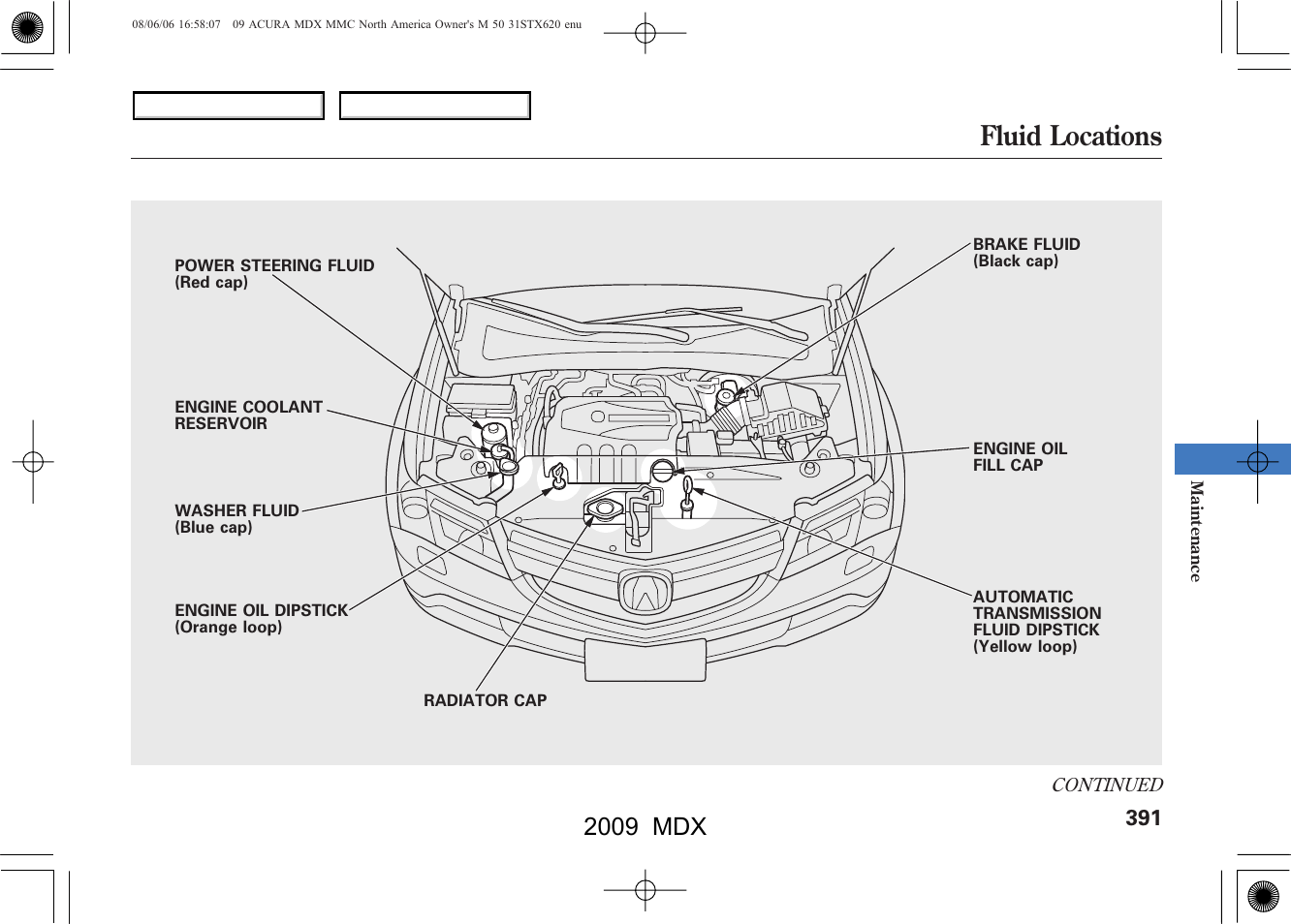 Fluid locations, 2009 mdx | Acura 2009 MDX User Manual | Page 395 / 489