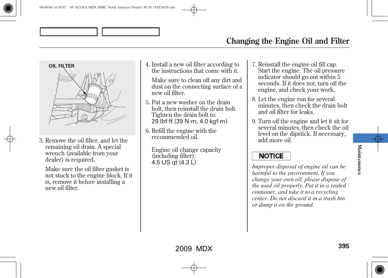 Changing the engine oil and filter, 2009 mdx | Acura 2009 MDX User Manual | Page 399 / 489