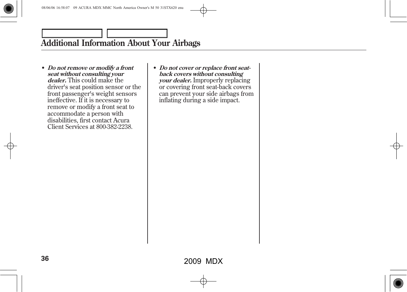 Additional information about your airbags, 2009 mdx | Acura 2009 MDX User Manual | Page 40 / 489