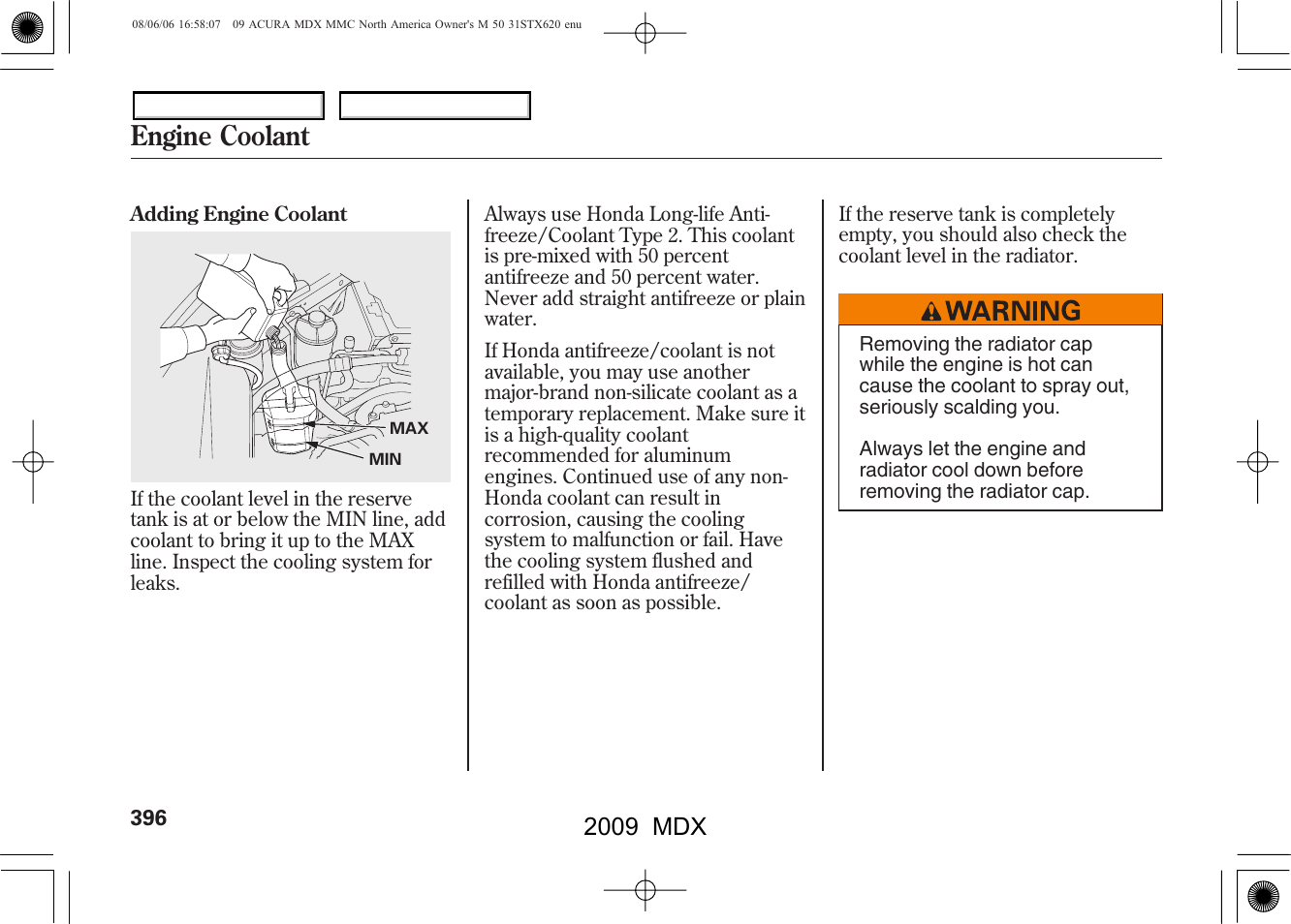 Engine coolant, 2009 mdx | Acura 2009 MDX User Manual | Page 400 / 489