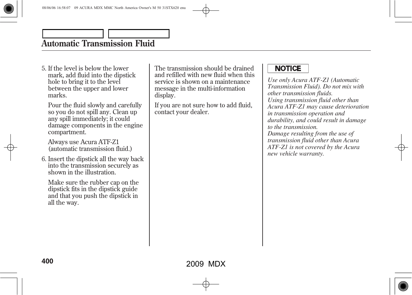 Automatic transmission fluid, 2009 mdx | Acura 2009 MDX User Manual | Page 404 / 489