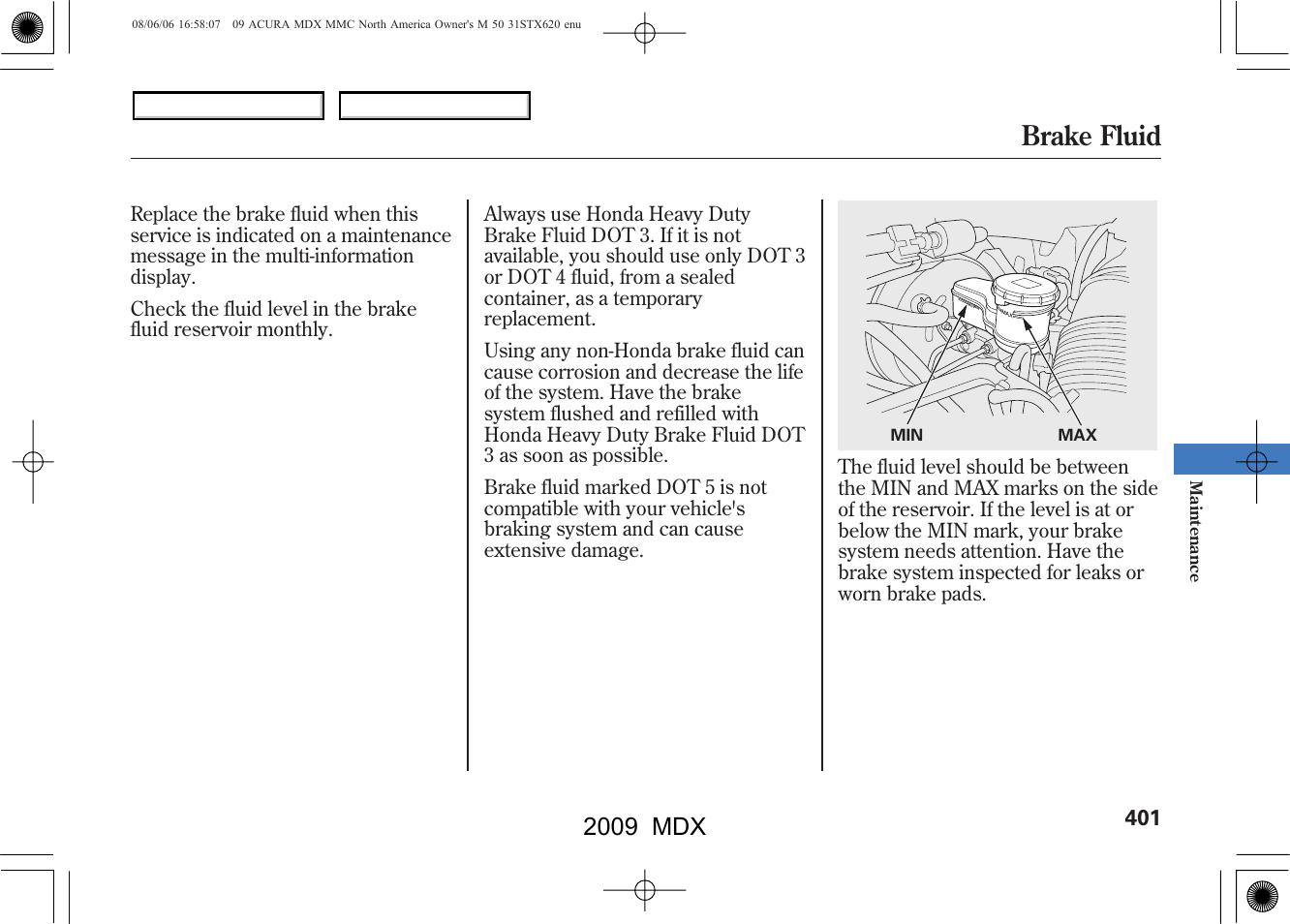 Brake fluid, 2009 mdx | Acura 2009 MDX User Manual | Page 405 / 489