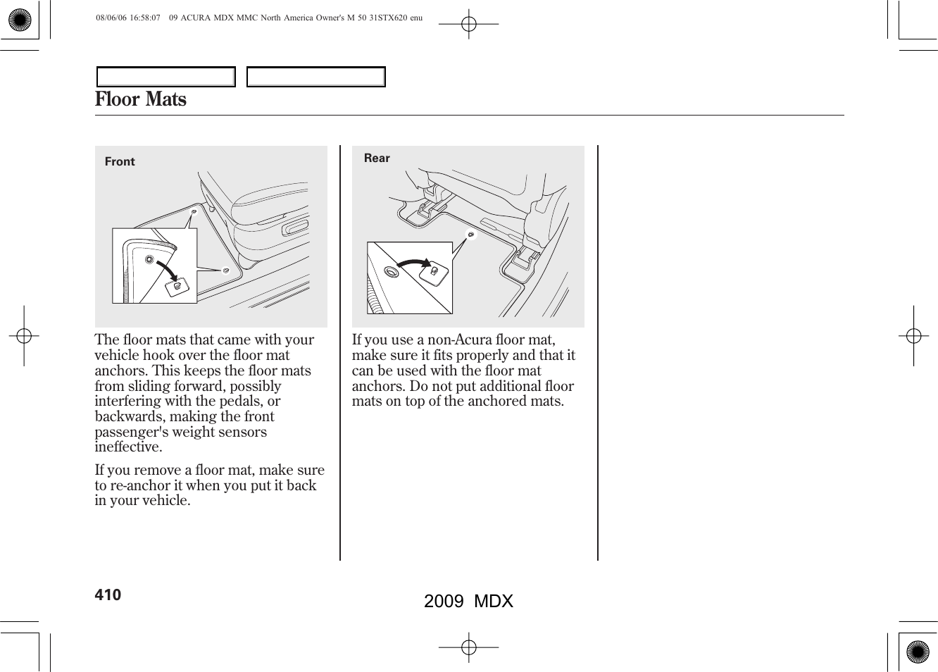 Floor mats, 2009 mdx | Acura 2009 MDX User Manual | Page 414 / 489