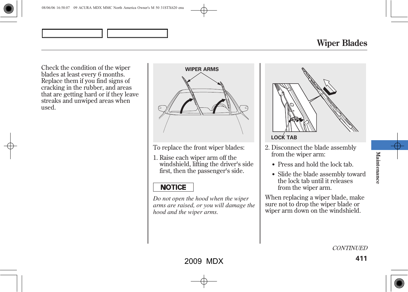 Wiper blades, 2009 mdx | Acura 2009 MDX User Manual | Page 415 / 489
