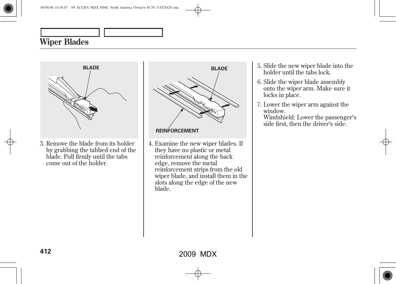 Wiper blades, 2009 mdx | Acura 2009 MDX User Manual | Page 416 / 489