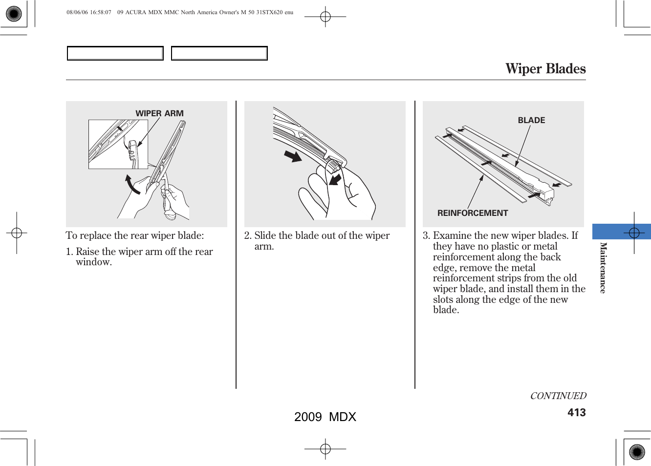 Wiper blades, 2009 mdx | Acura 2009 MDX User Manual | Page 417 / 489