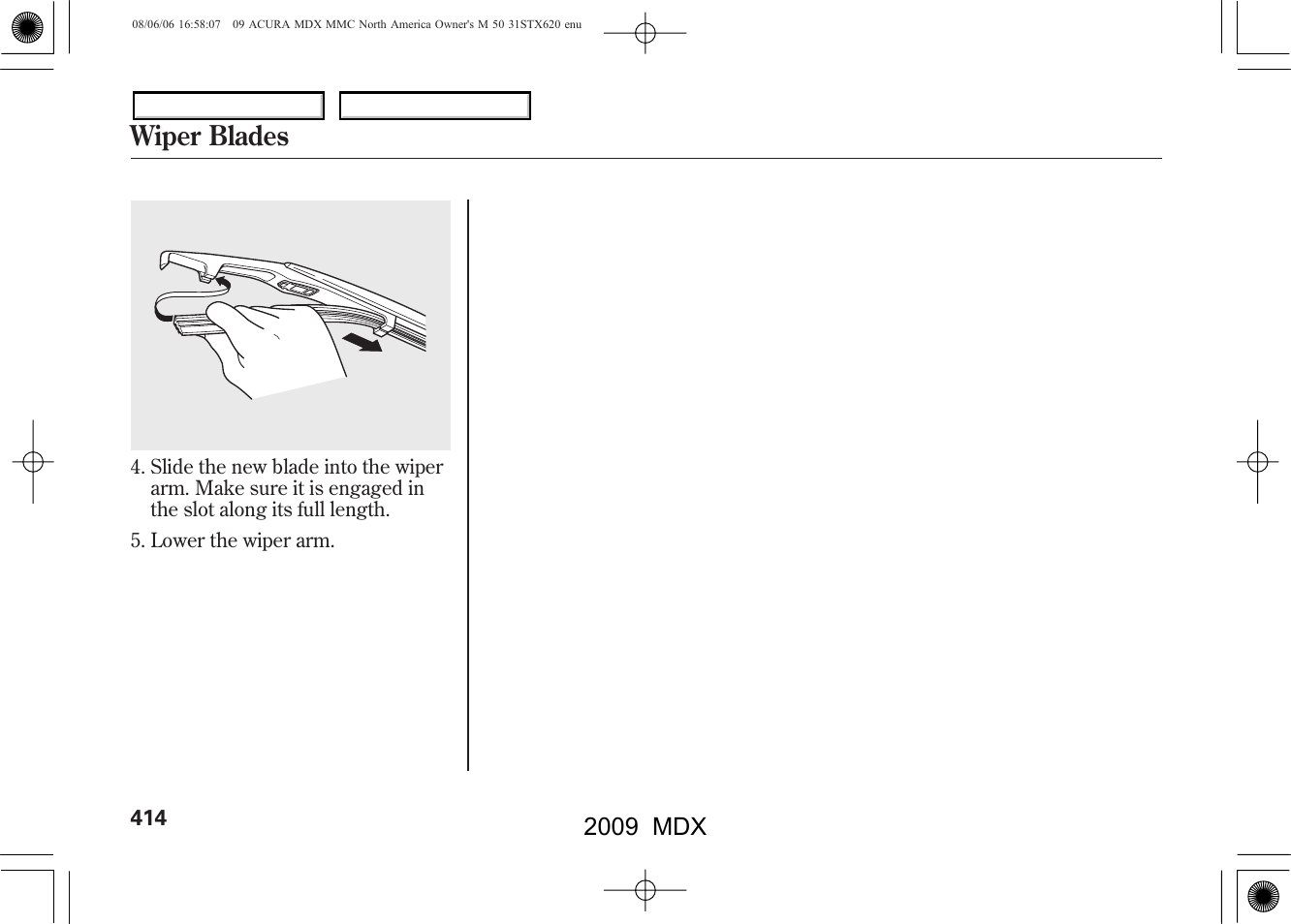 Wiper blades, 2009 mdx | Acura 2009 MDX User Manual | Page 418 / 489