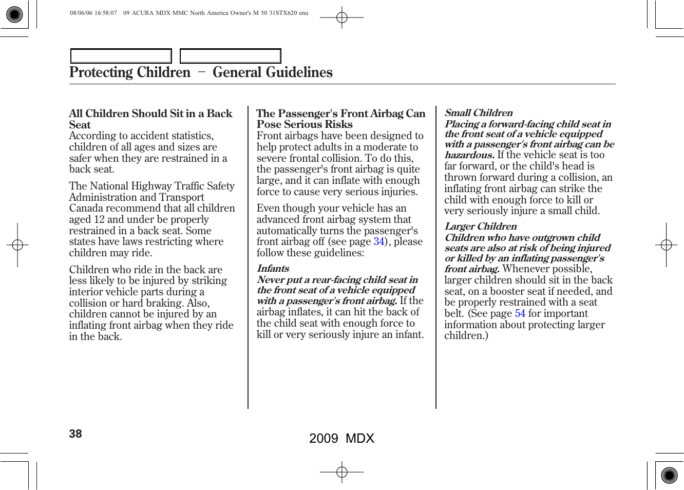 Protecting children － general guidelines, 2009 mdx | Acura 2009 MDX User Manual | Page 42 / 489
