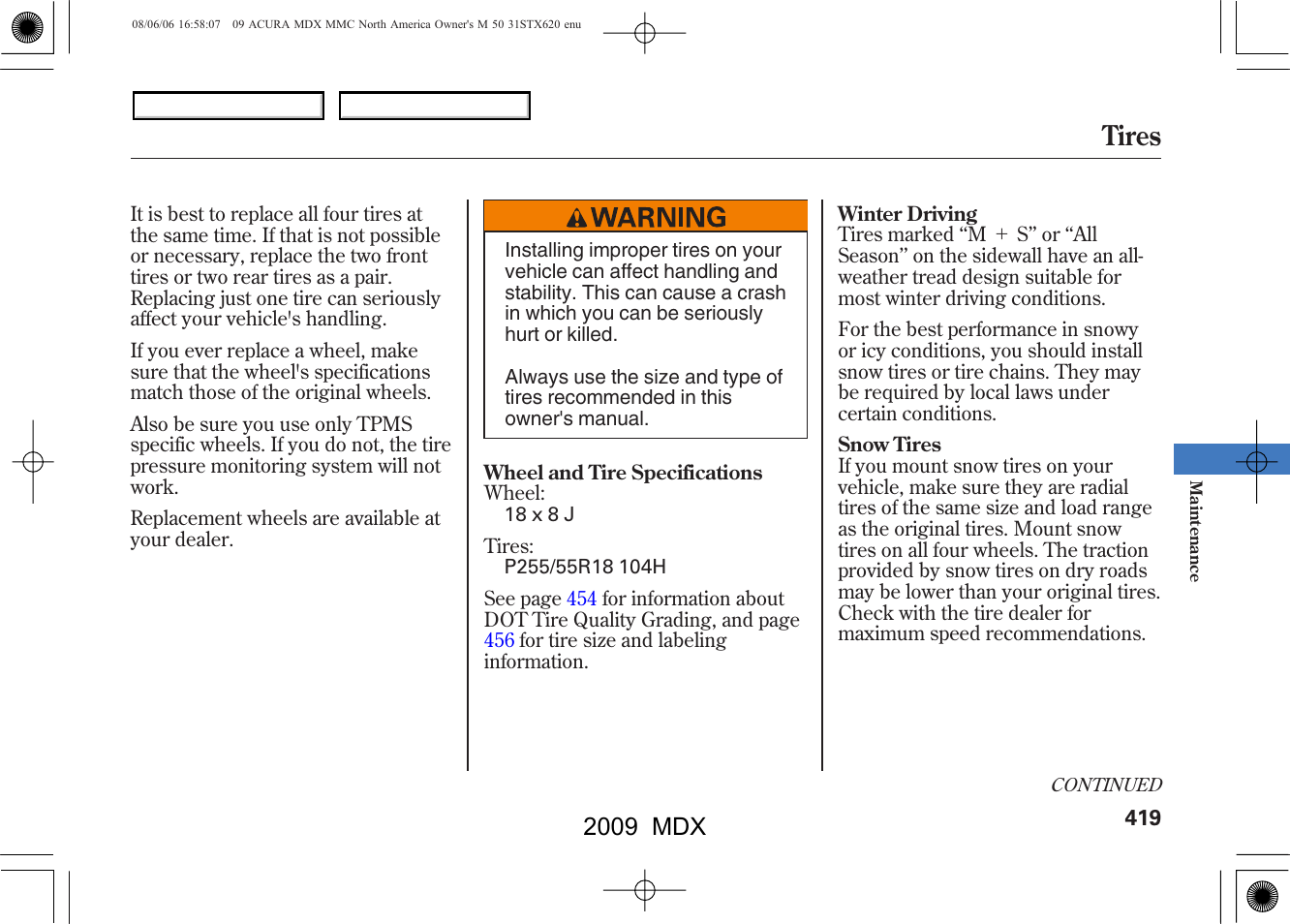 Tires, 2009 mdx | Acura 2009 MDX User Manual | Page 423 / 489