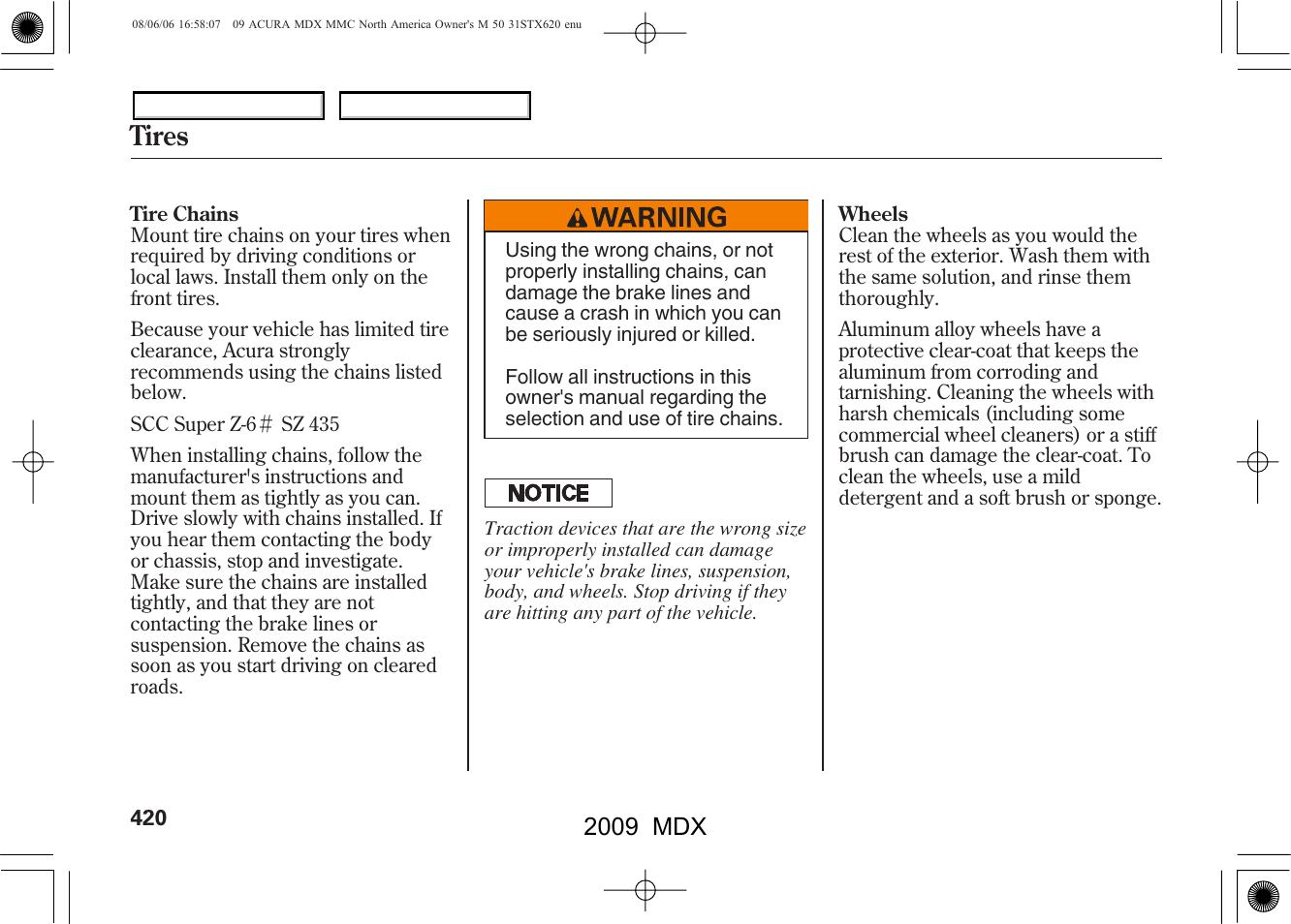 Tires, 2009 mdx | Acura 2009 MDX User Manual | Page 424 / 489