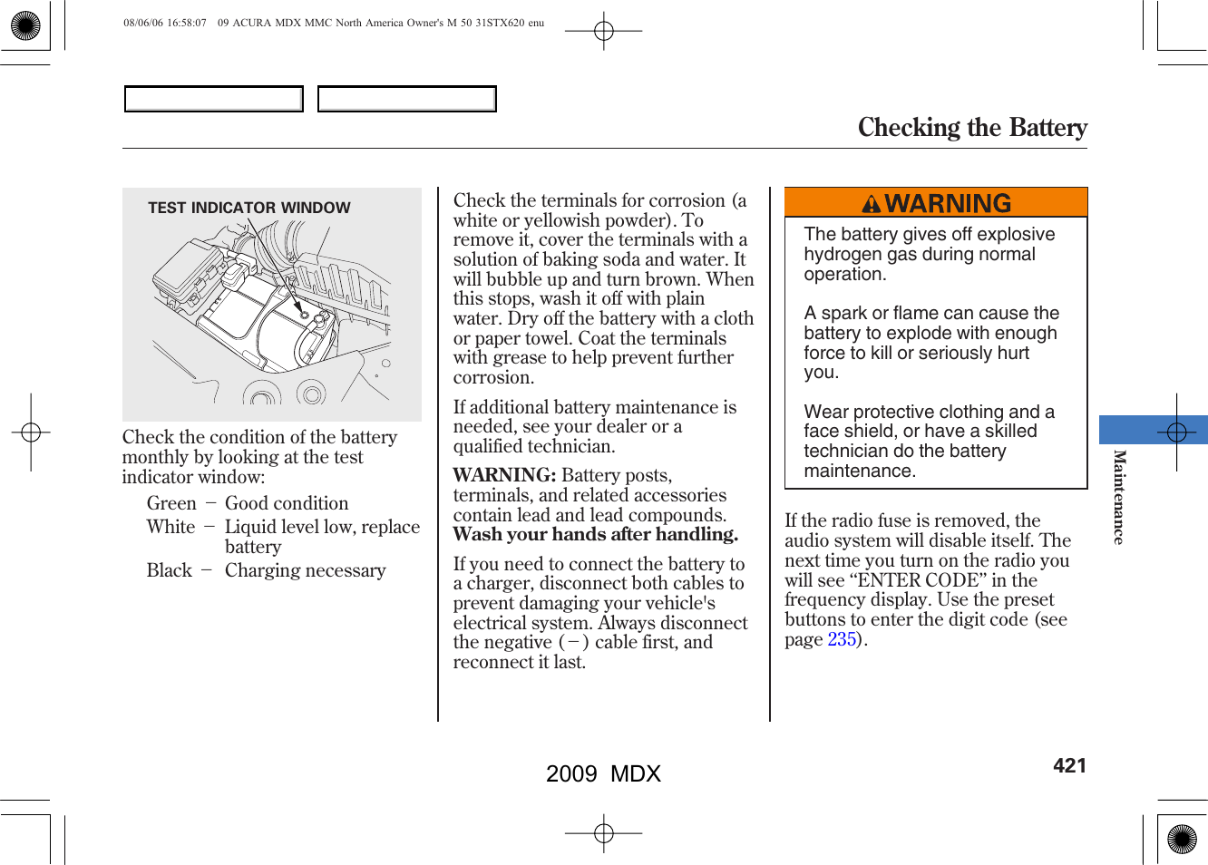 Checking the battery, 2009 mdx | Acura 2009 MDX User Manual | Page 425 / 489