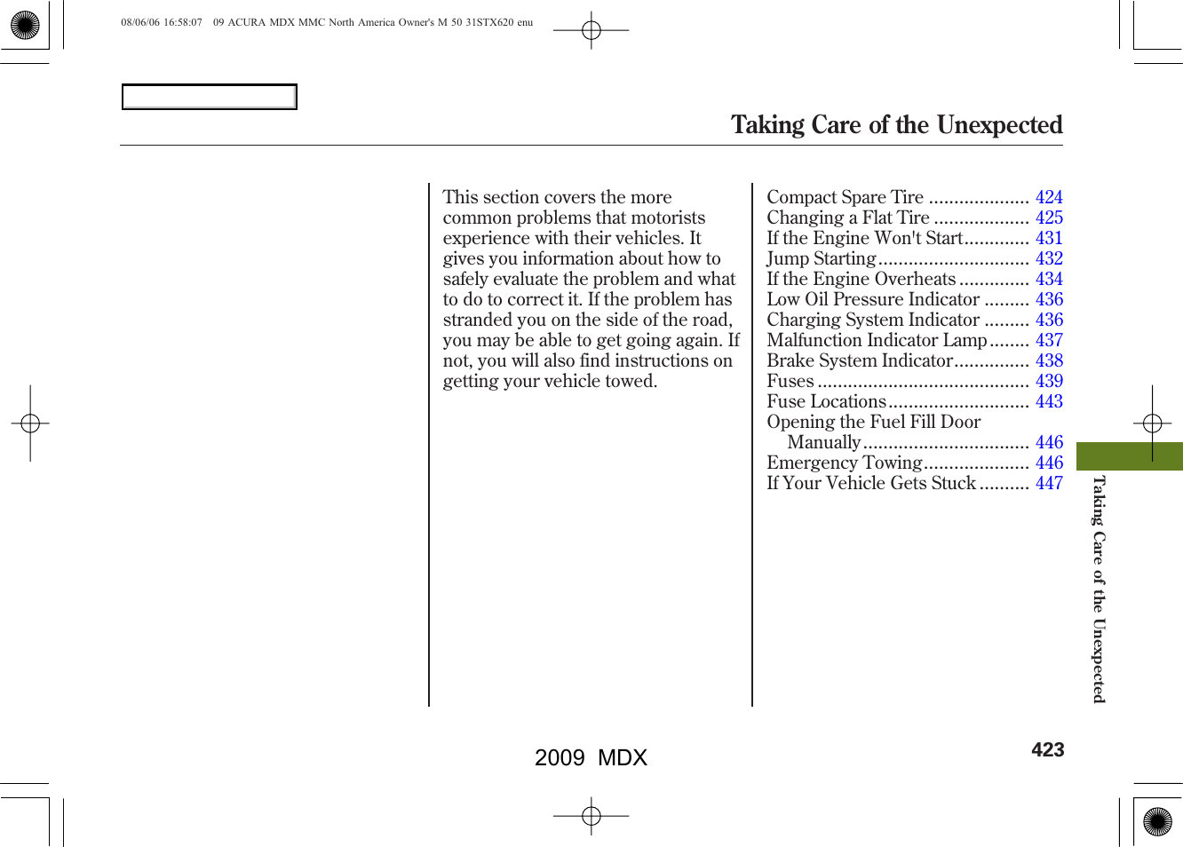 Taking care of the unexpected, 2009 mdx | Acura 2009 MDX User Manual | Page 427 / 489