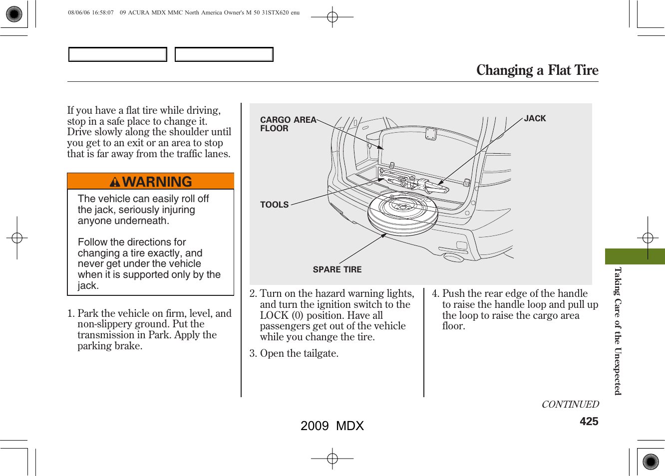 Changing a flat tire, 2009 mdx | Acura 2009 MDX User Manual | Page 429 / 489