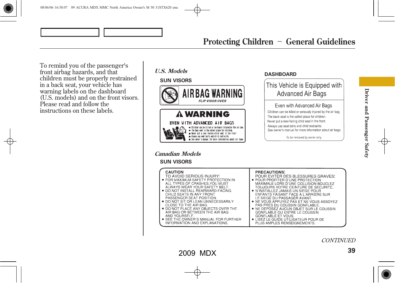 Protecting children － general guidelines, 2009 mdx | Acura 2009 MDX User Manual | Page 43 / 489