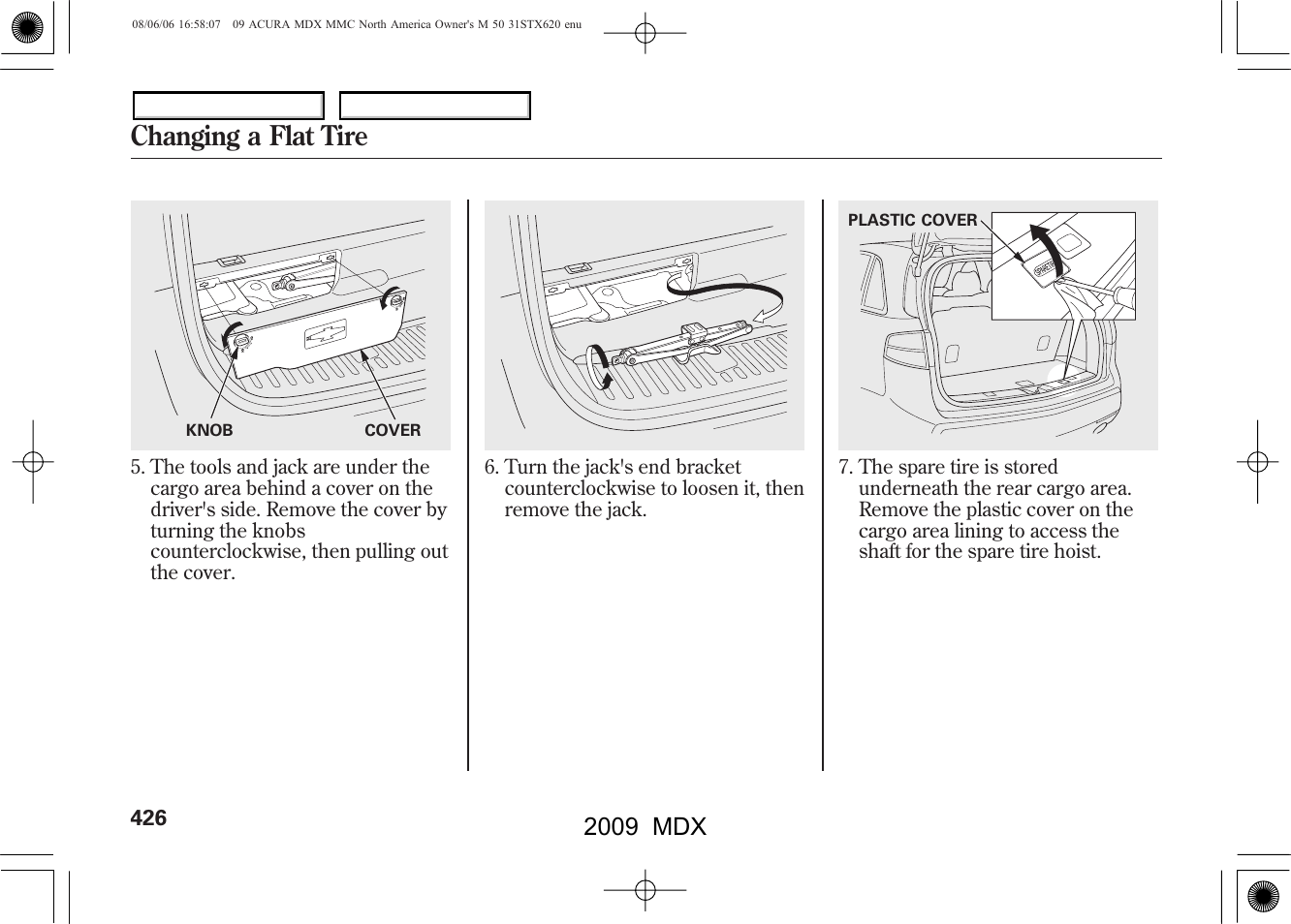 Changing a flat tire, 2009 mdx | Acura 2009 MDX User Manual | Page 430 / 489