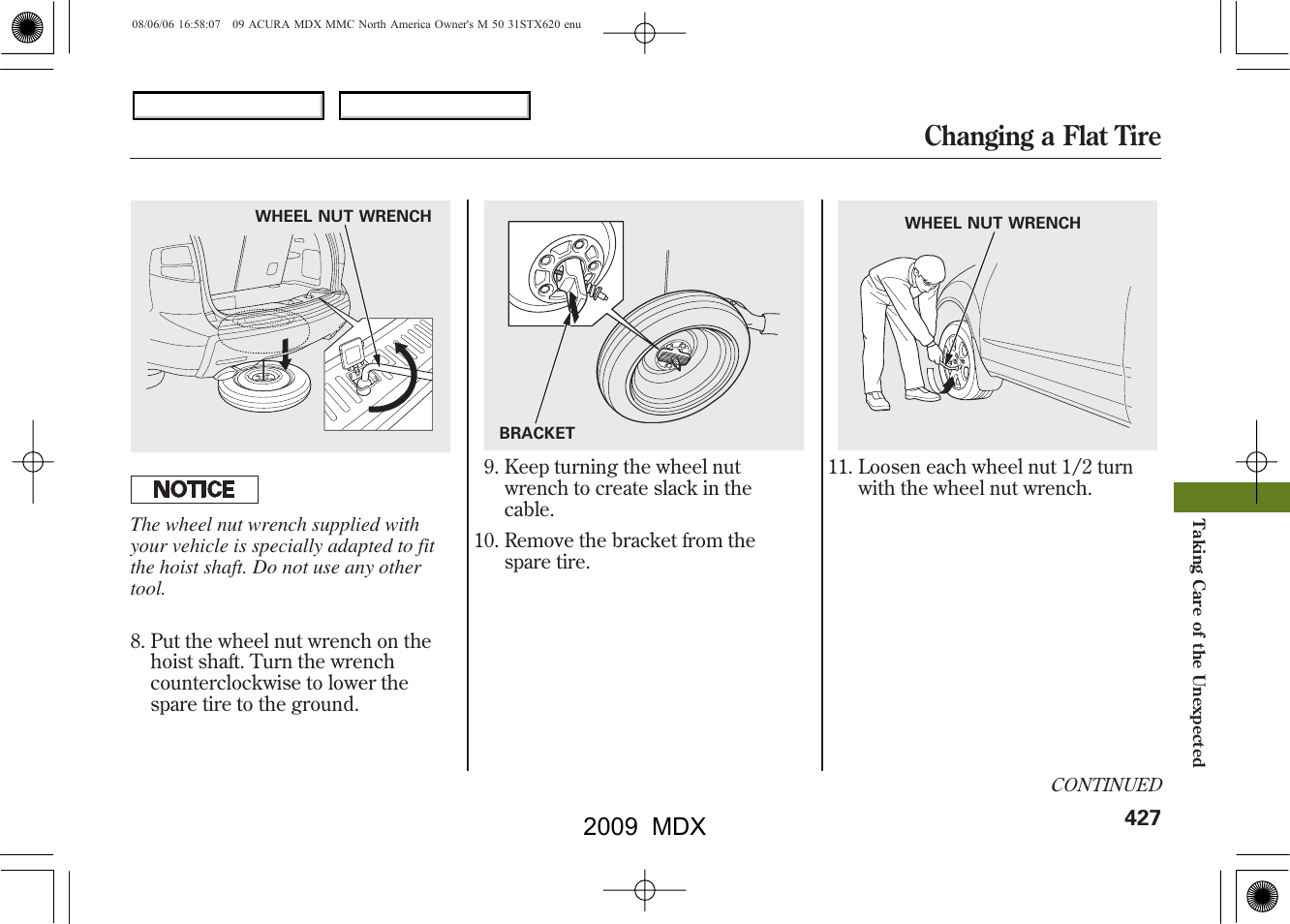 Changing a flat tire, 2009 mdx | Acura 2009 MDX User Manual | Page 431 / 489