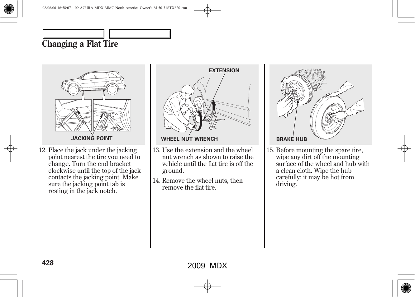 Changing a flat tire, 2009 mdx | Acura 2009 MDX User Manual | Page 432 / 489