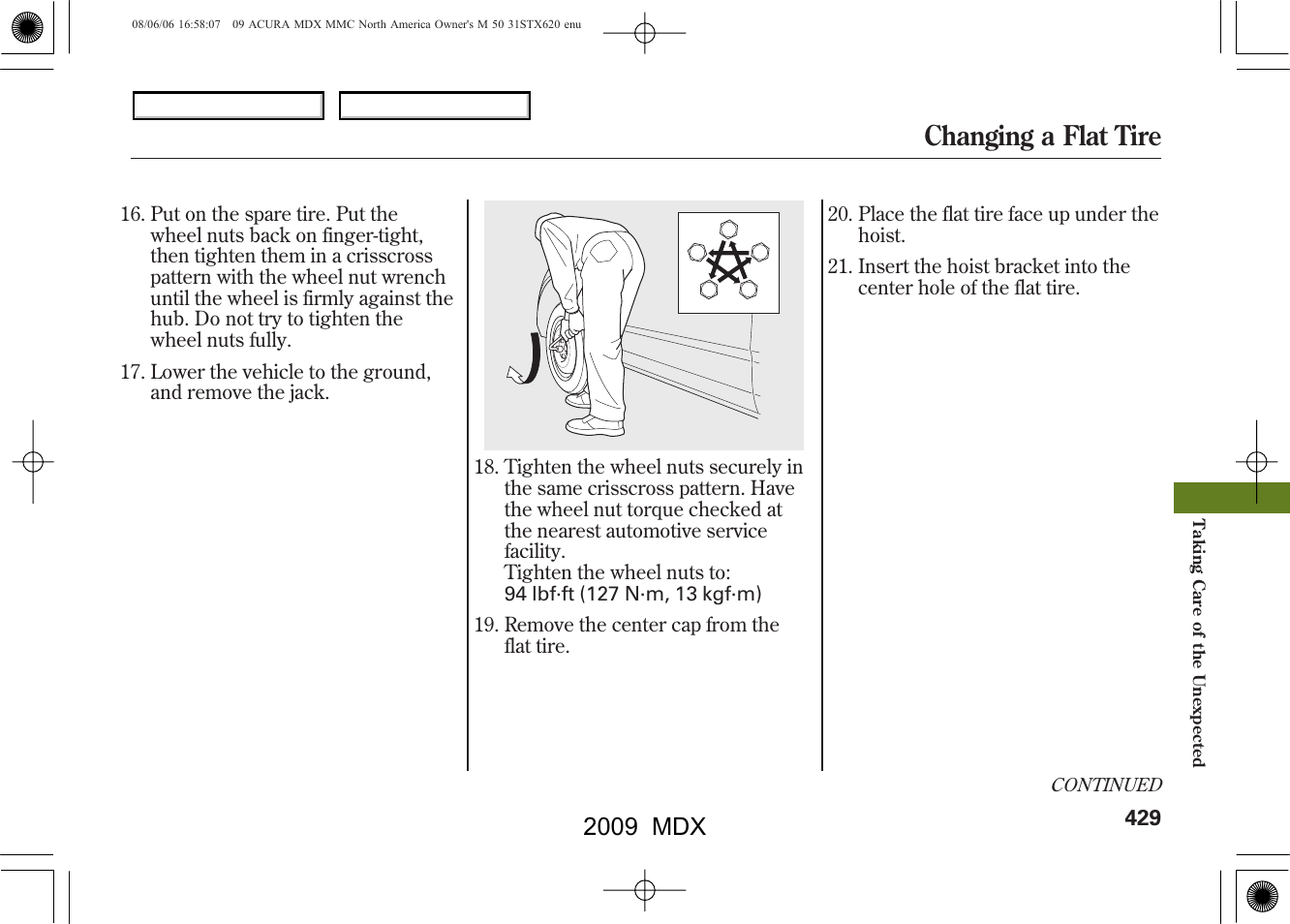 Changing a flat tire, 2009 mdx | Acura 2009 MDX User Manual | Page 433 / 489