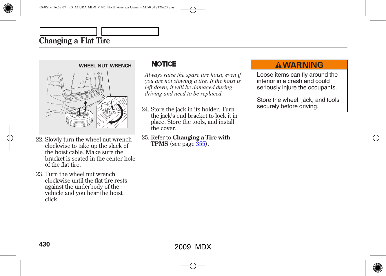 Changing a flat tire, 2009 mdx | Acura 2009 MDX User Manual | Page 434 / 489