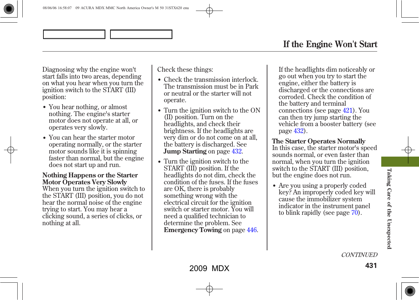 If the engine won't start, 2009 mdx | Acura 2009 MDX User Manual | Page 435 / 489