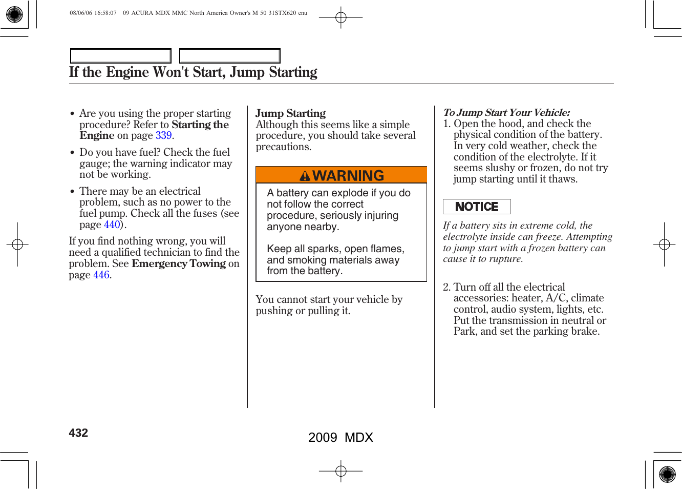 If the engine won't start, jump starting, 2009 mdx | Acura 2009 MDX User Manual | Page 436 / 489