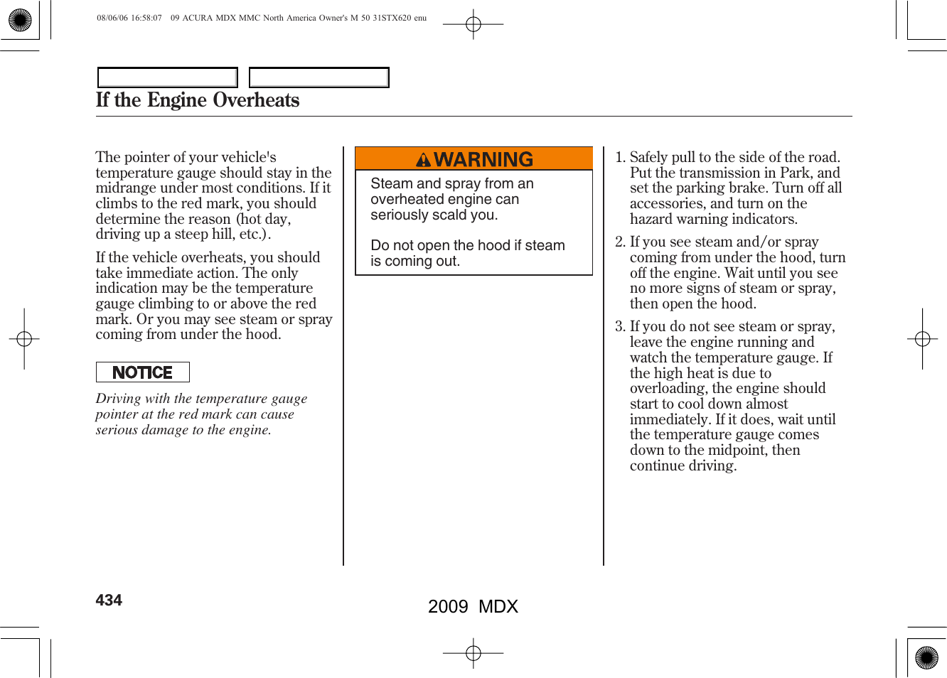 If the engine overheats, 2009 mdx | Acura 2009 MDX User Manual | Page 438 / 489