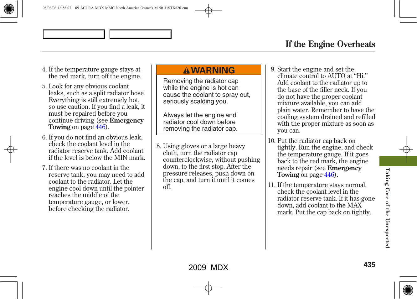 If the engine overheats, 2009 mdx | Acura 2009 MDX User Manual | Page 439 / 489