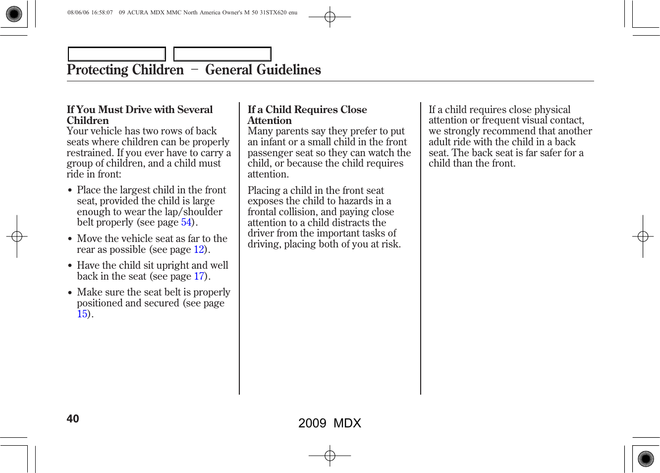 Protecting children － general guidelines, 2009 mdx | Acura 2009 MDX User Manual | Page 44 / 489