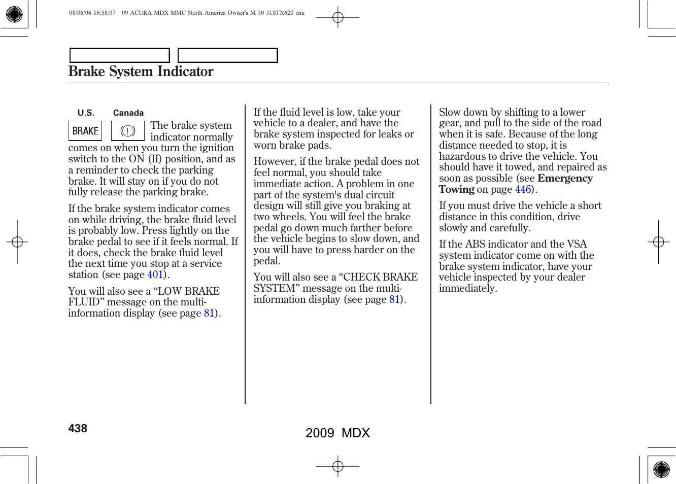Brake system indicator, 2009 mdx | Acura 2009 MDX User Manual | Page 442 / 489
