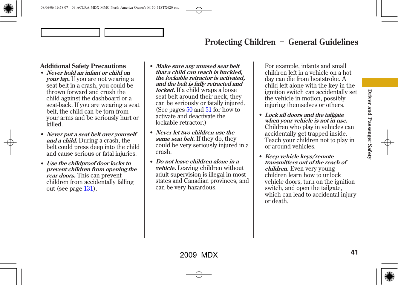 Protecting children － general guidelines, 2009 mdx | Acura 2009 MDX User Manual | Page 45 / 489