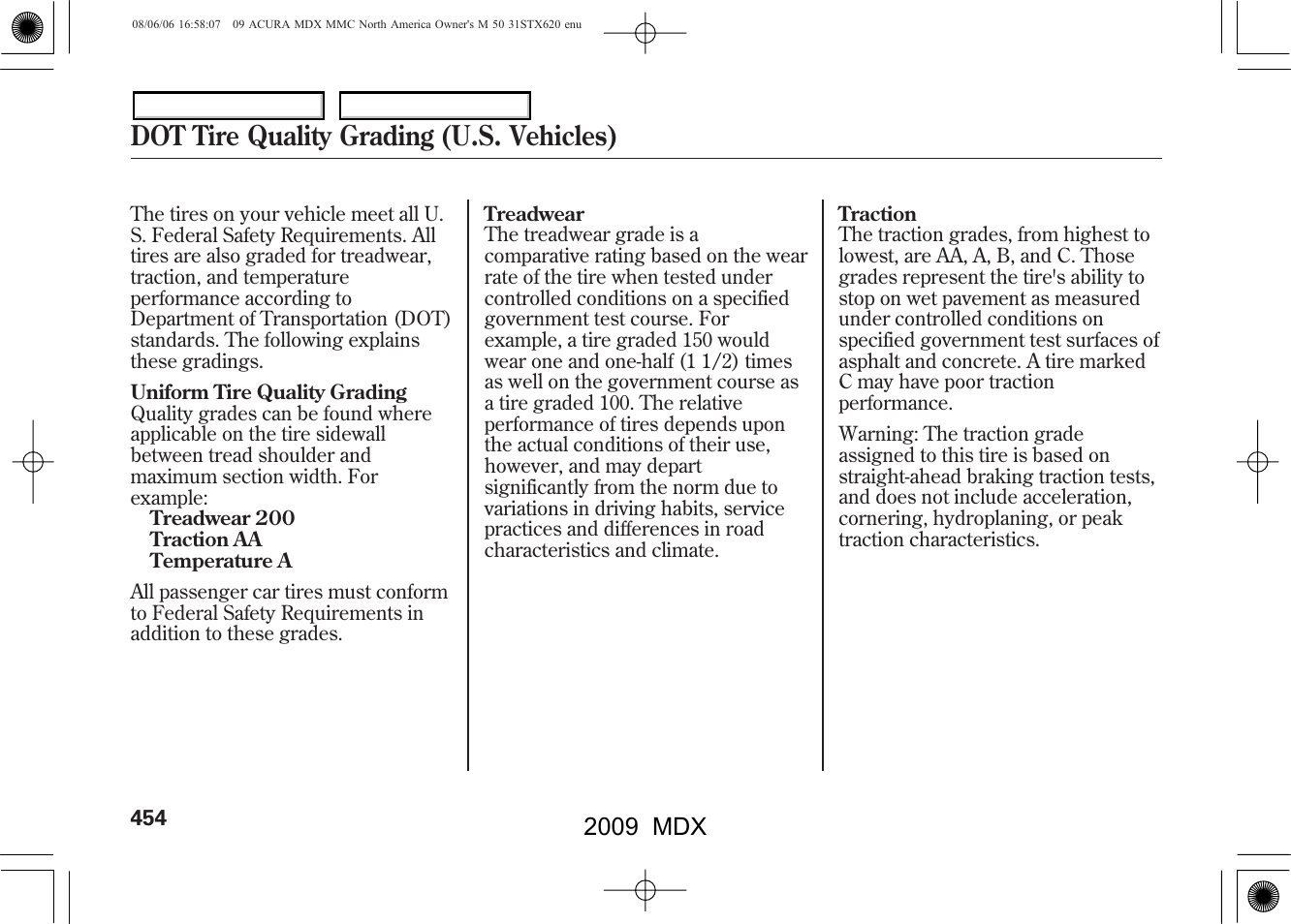 Dot tire quality grading (u.s. vehicles), 2009 mdx | Acura 2009 MDX User Manual | Page 458 / 489