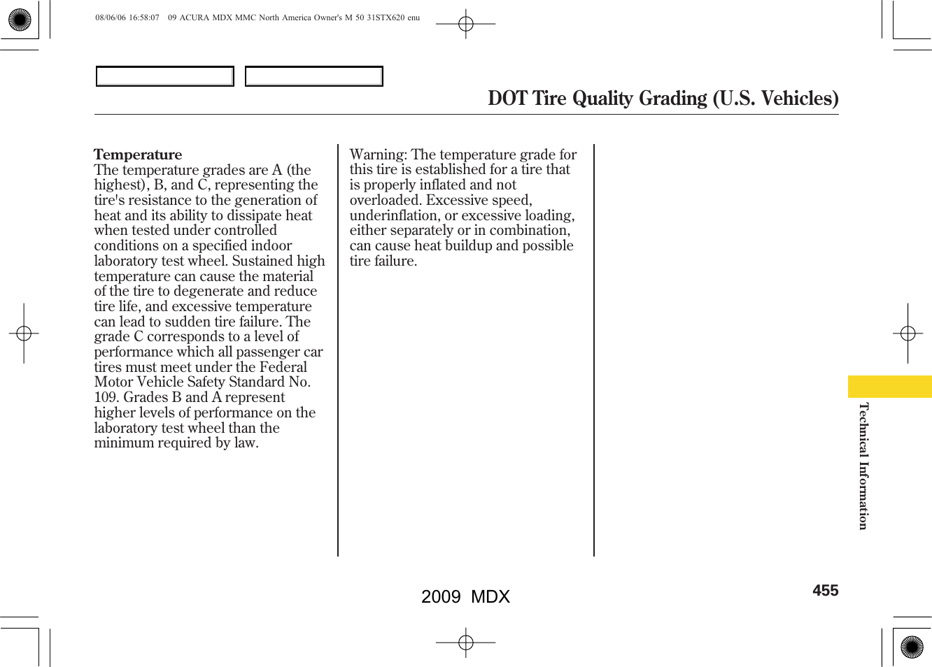 Dot tire quality grading (u.s. vehicles), 2009 mdx | Acura 2009 MDX User Manual | Page 459 / 489