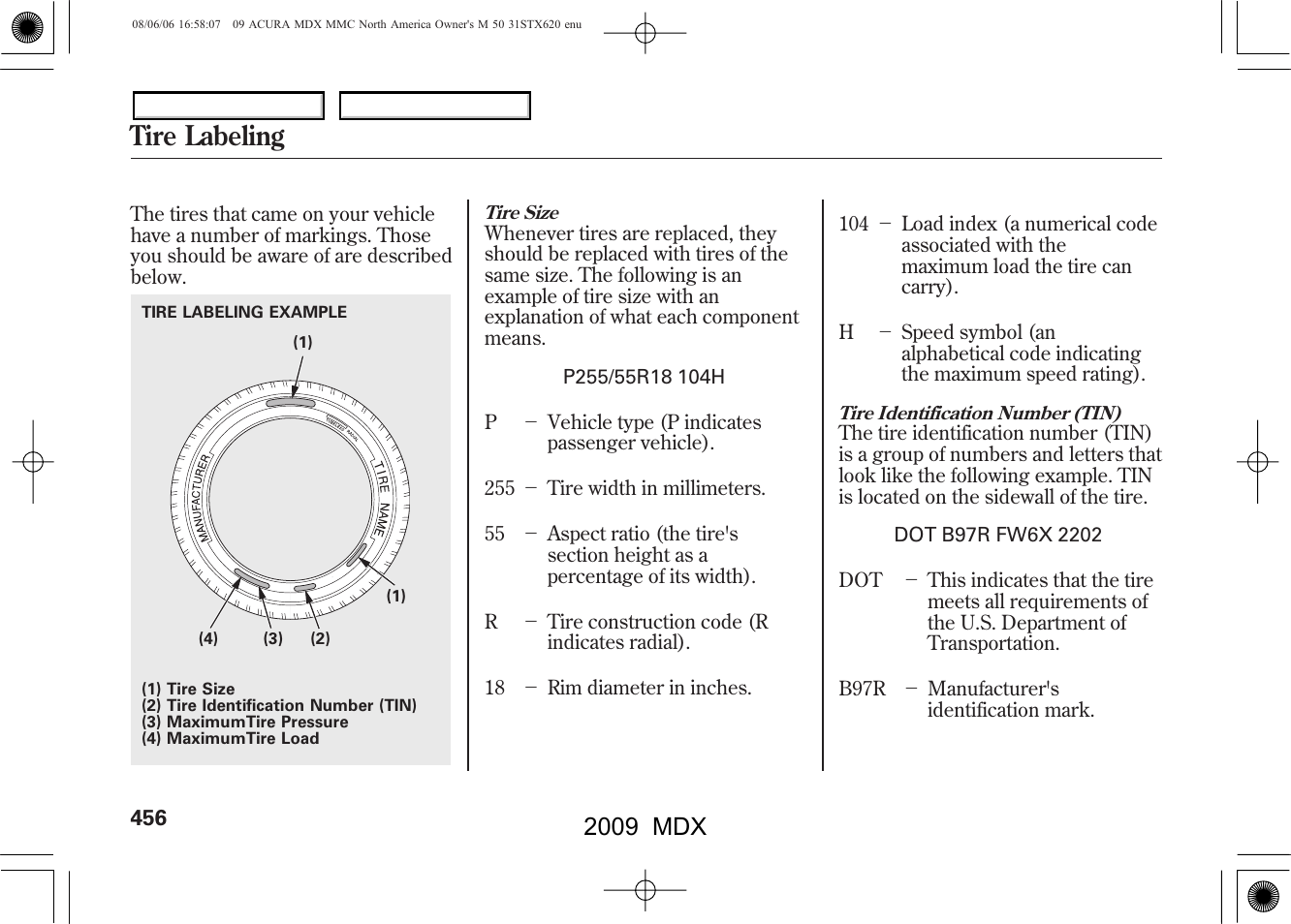 Tire labeling, 2009 mdx | Acura 2009 MDX User Manual | Page 460 / 489