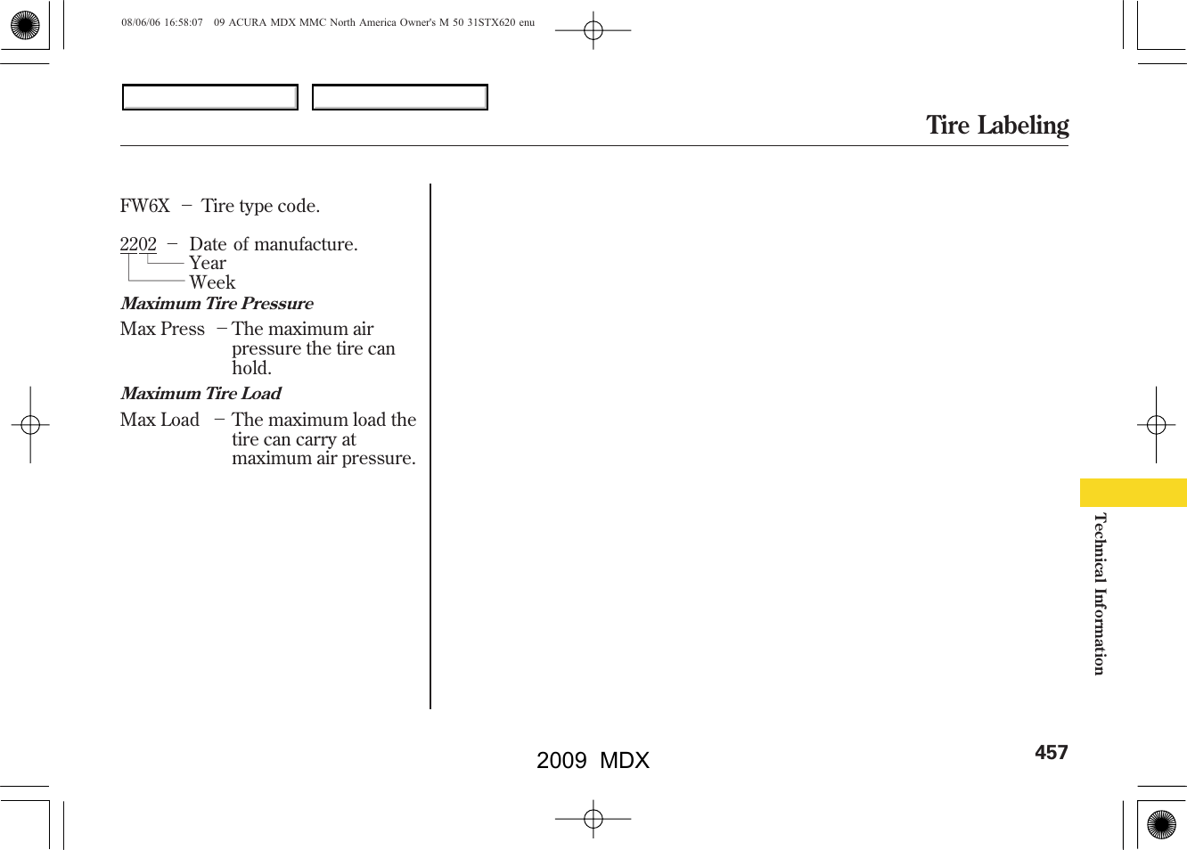 Tire labeling, 2009 mdx | Acura 2009 MDX User Manual | Page 461 / 489