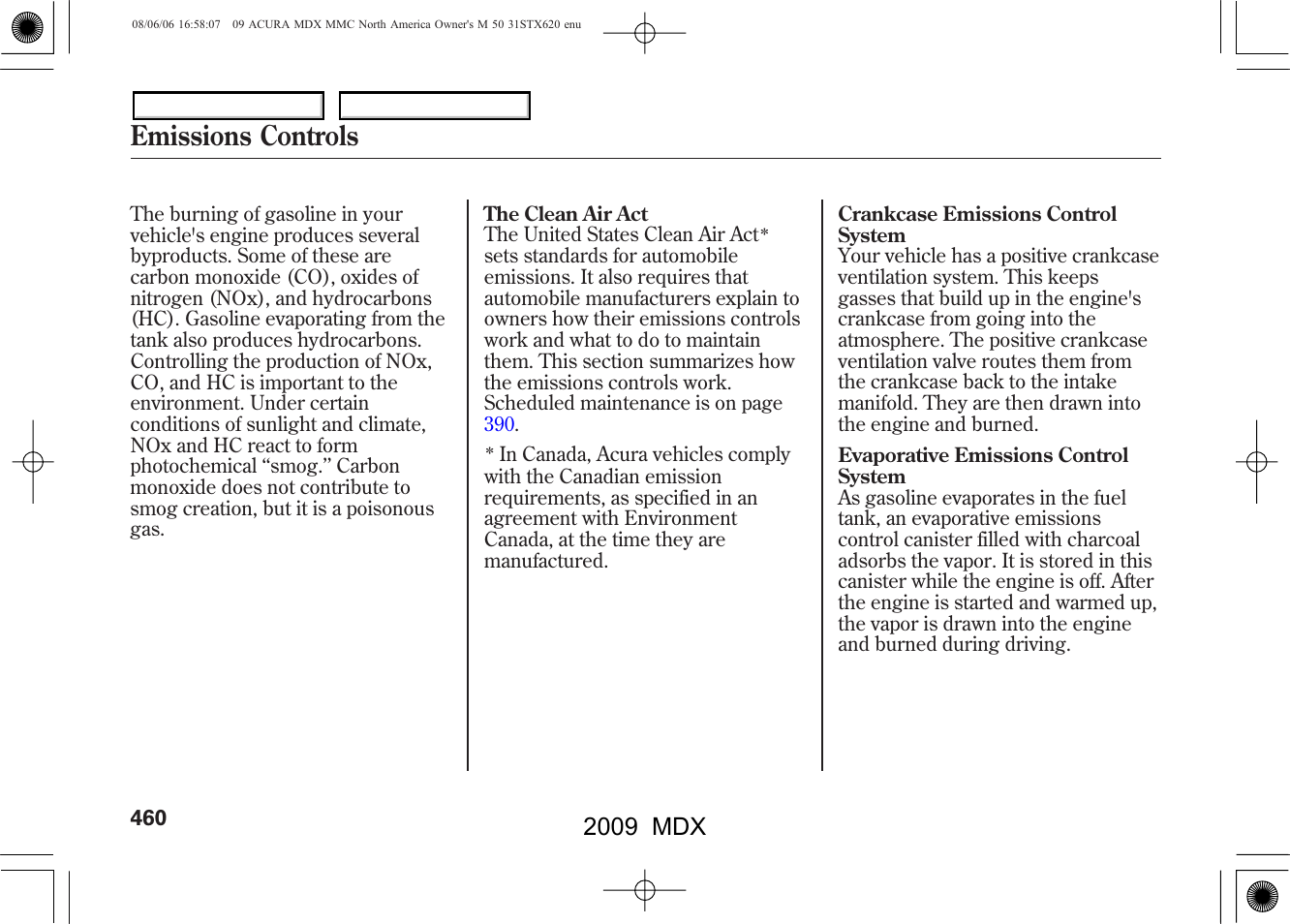 Emissions controls, 2009 mdx | Acura 2009 MDX User Manual | Page 464 / 489