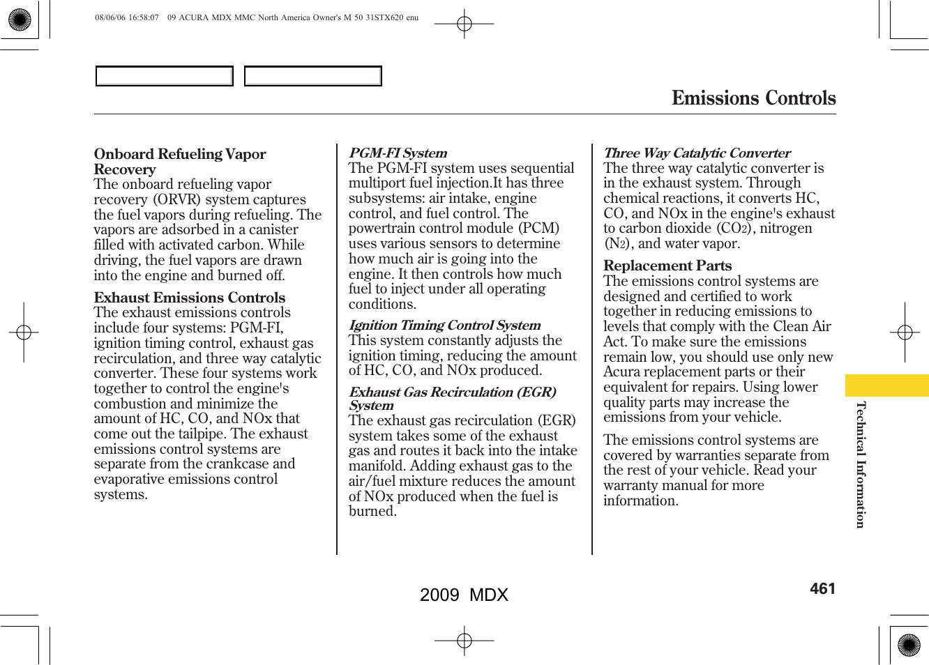 Emissions controls, 2009 mdx | Acura 2009 MDX User Manual | Page 465 / 489