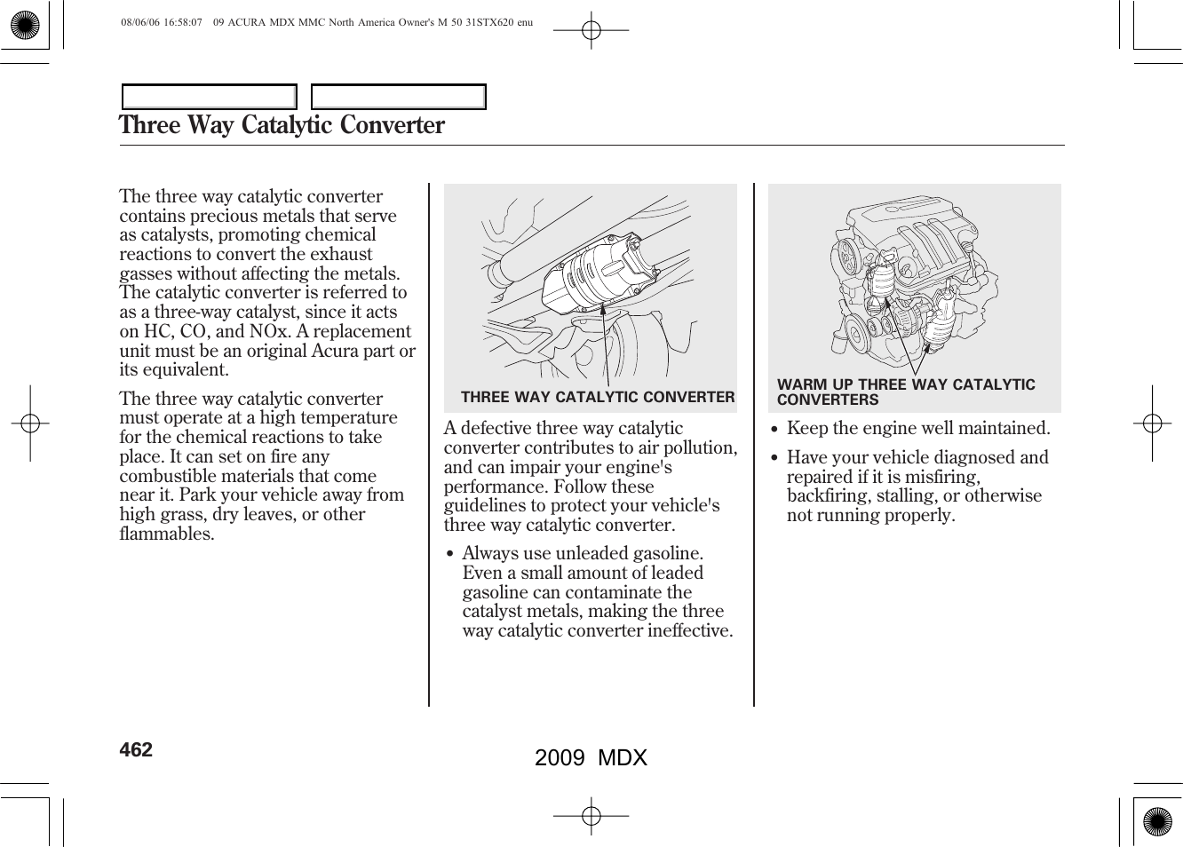 Three way catalytic converter, 2009 mdx | Acura 2009 MDX User Manual | Page 466 / 489