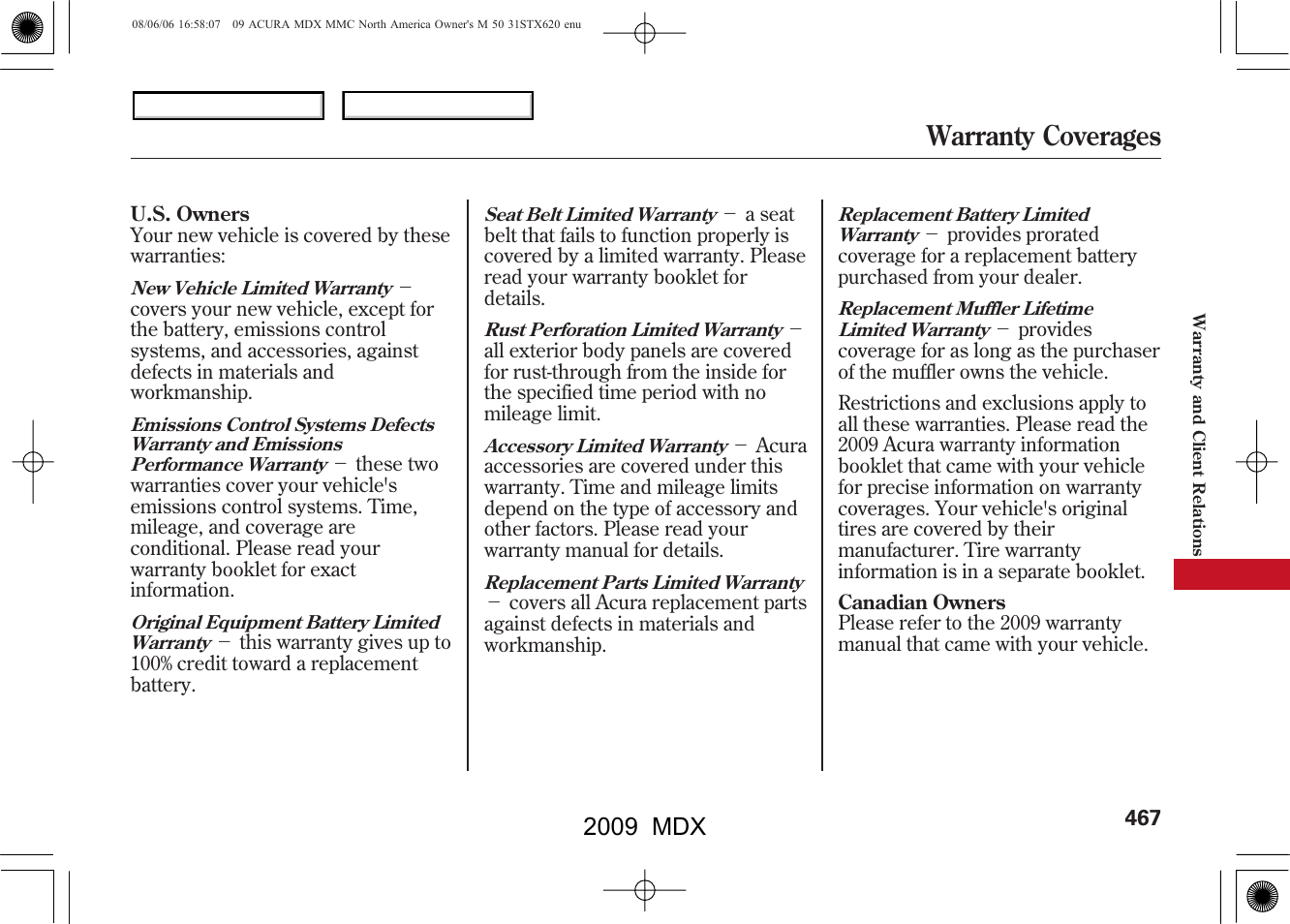 Warranty coverages, 2009 mdx | Acura 2009 MDX User Manual | Page 471 / 489