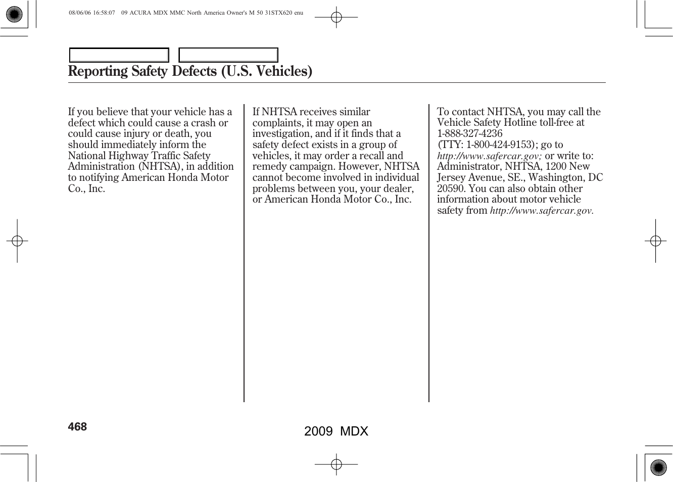 Reporting safety defects (u.s. vehicles), 2009 mdx | Acura 2009 MDX User Manual | Page 472 / 489