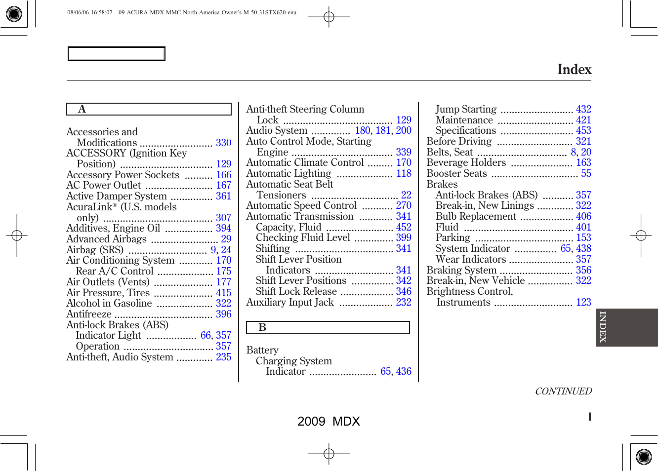 Index, 2009 mdx | Acura 2009 MDX User Manual | Page 475 / 489