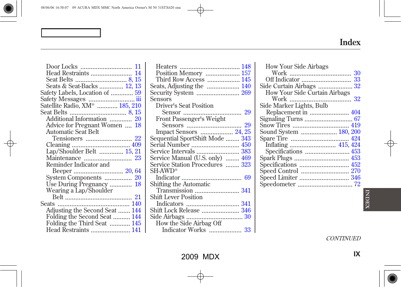 Index, 2009 mdx | Acura 2009 MDX User Manual | Page 483 / 489