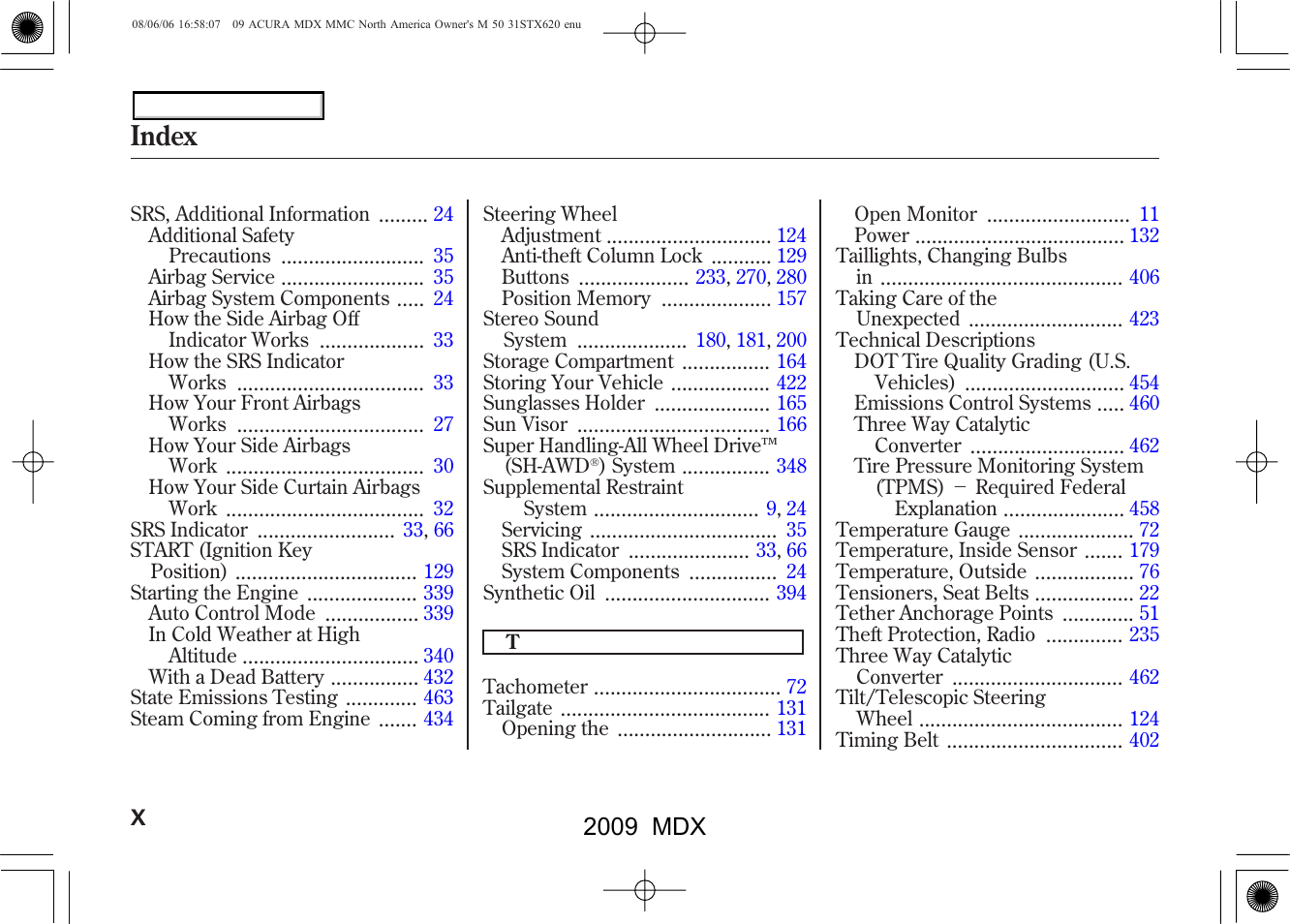 Index, 2009 mdx | Acura 2009 MDX User Manual | Page 484 / 489