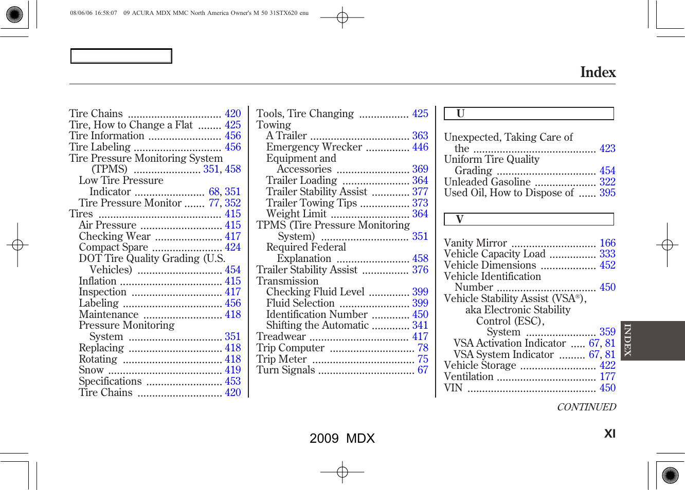 Index, 2009 mdx | Acura 2009 MDX User Manual | Page 485 / 489